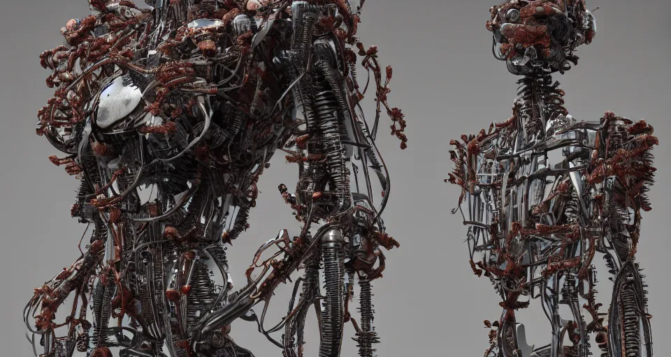 Image similar to Techno-biological rusty robot geisha consisting of veins, bones, kidneys, wires. Biopunk, body armor, high detail, photorealism, full length view, concept art, octane render, 16k, 8k