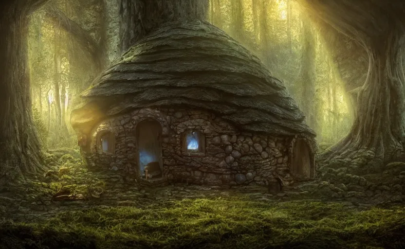 Image similar to A mushroom house in a tall mushroom, small door and windows in the mushroom, warm light coming from the windows, in a dark forest, macro, cool tones, underexposed, overecast, mysterious matte painting by greg rutkowski and marc simonetti and Ivan Shishkin, 4k