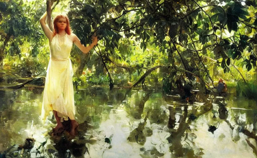 Image similar to oil painting lanscape by anders zorn, jungle nature, fruit trees, very very very very beautiful art, dramatic light, water reflections, female model