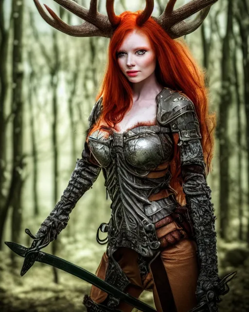 Image similar to 5 5 mm portrait photo of an armored redhead woman with a sword, and antlers growing from her head. magical forest in the backgeound. by luis royo. highly detailed 8 k. intricate. lifelike. soft light. nikon d 8 5 0. cinematic post - processing