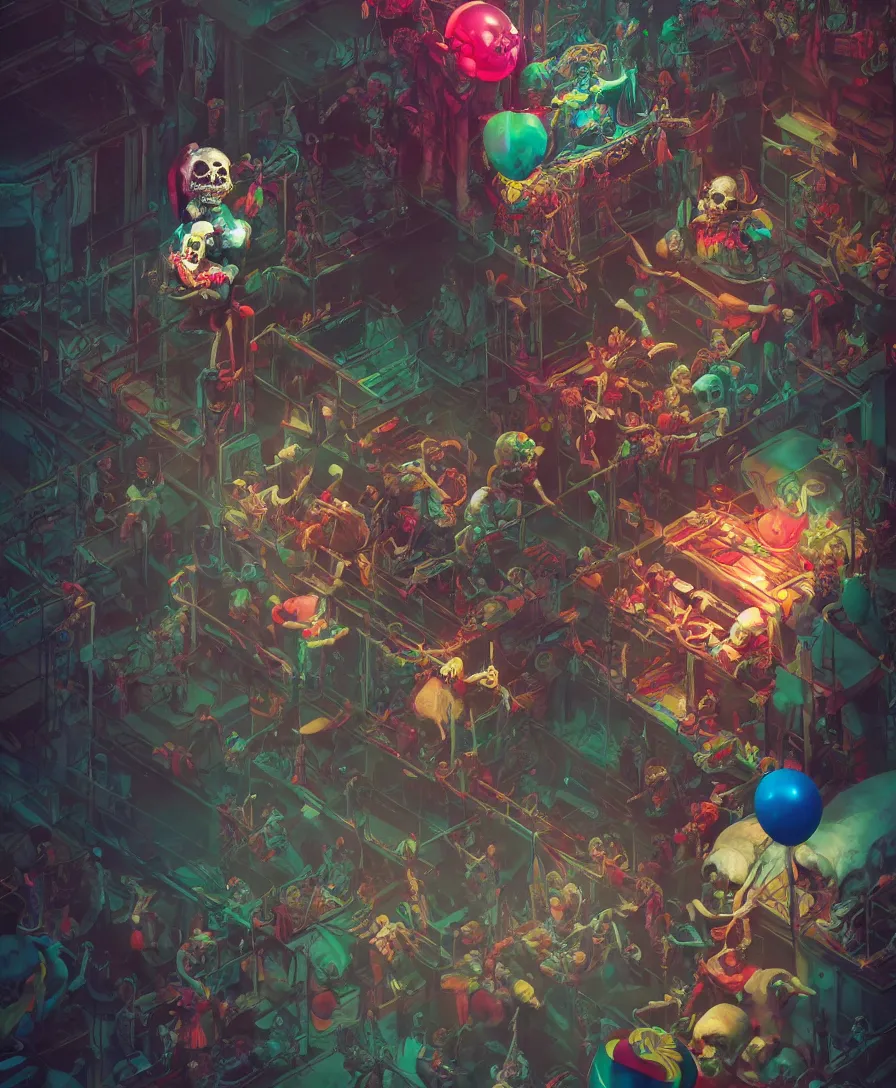 Prompt: skull clown inside a circus, high detail, deviantart, artstation, octane render, cinematic, hyper realism, 8k, depth of field, art by Tooth Wu and wlop and beeple and dan mumford and greg rutkowski, artstation, concept art, illustration, vibrant colors