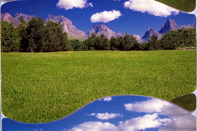 Image similar to film color photography, small mirror reflected clouds, long view of green lawn, no focus, mountains in distance, 35mm