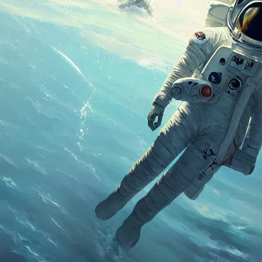 Image similar to an astronaut lost in the ocean,digital art,detailed,ultra realistic,art by greg rutkowski,greatly detailed