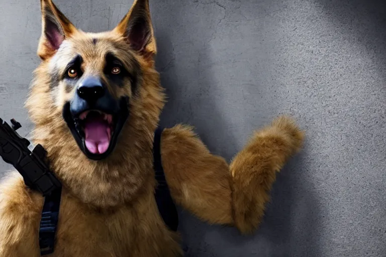 Prompt: film still of furry anthro anthropomorphic german shepard head animal person fursona wearing clothes standing holding a gun in a garage in an action movie 2020, 4k