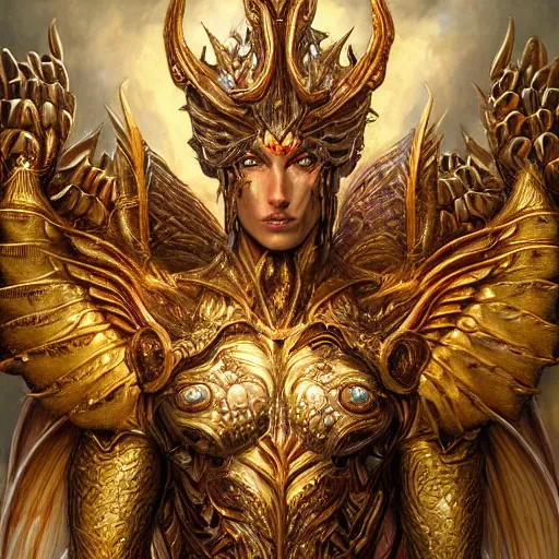 Image similar to a beautiful symmetrical muscular full body wearing a dragon armor with wings made of golden ornaments and gems, by alex gray and android jones , Karol Bak, Ayami Kojima, Amano , concept art, character design, fantasy,3D, 8k resolution