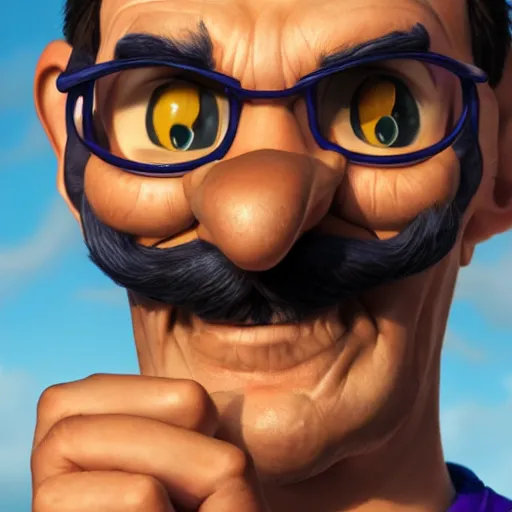 Image similar to Waluigi in real life, realistic, very realistic, hyperrealistic, highly detailed, very detailed, extremely detailed, detailed, digital art, oil painting, trending on artstation, headshot and bodyshot, detailed face, very detailed face, extremely detailed face, HD Quality, 8k resolution