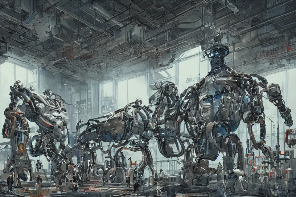 Image similar to hangar with giant humanoid robots, Industrial Scifi, detailed illustration, character design, by Martin Grip and Moebius