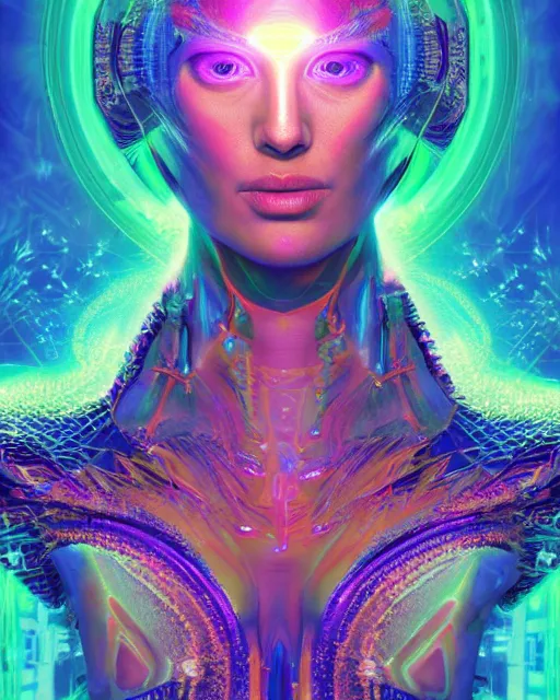 Image similar to a powerful energy psychedelic matrix queen, by alexander fedosav, hyper detailed digital matte painting, concept art, hyperrealism, 1 6 k resolution, cinema 4 d, 8 k resolution, trending on artstation, behance hd, a masterpiece, by stephan martiniere, particles, cel - shaded, power bright neon energy, by david a. hardy,