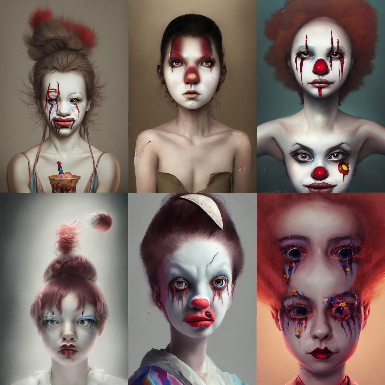 Prompt: breathtaking detailed painting of clown girl , with anxious, piercing eyes, art by Hsiao-Ron Cheng, extremely moody lighting, hyperrealistic, octane render, ambient light, dynamic lighting