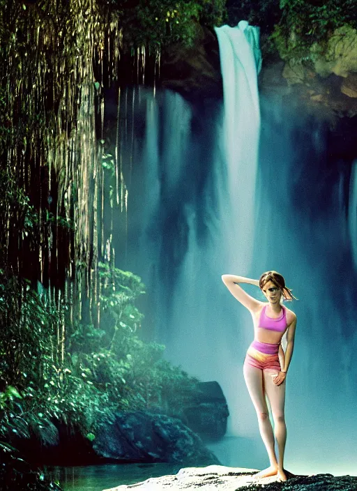 Prompt: portrait photograph of emma watson standing in a yoga pose wearing translucent clothes standing underneath a waterfall, natural light, photoreal, shot by David LaChapelle