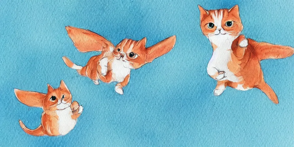 Image similar to watercolor illustration style, flying cute cats with tiny blue wings