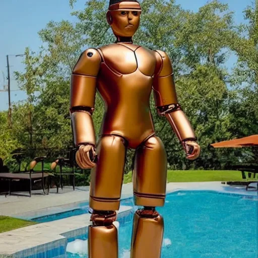 Image similar to a realistic detailed photo of a guy who is an attractive humanoid who is half robot and half humanoid, who is a male android, wrestler nick suriano, shiny skin, posing like a statue, blank stare, by the pool, on display, showing off his muscles, humanoid robot, frozen ice statue