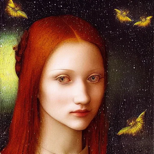 Prompt: sharp, intricate fine details, breathtaking, digital art portrait of a red haired girl with green eyes softly smiling in a dreamy, mesmerizing scenery with fireflies, art by leonardo da vinci