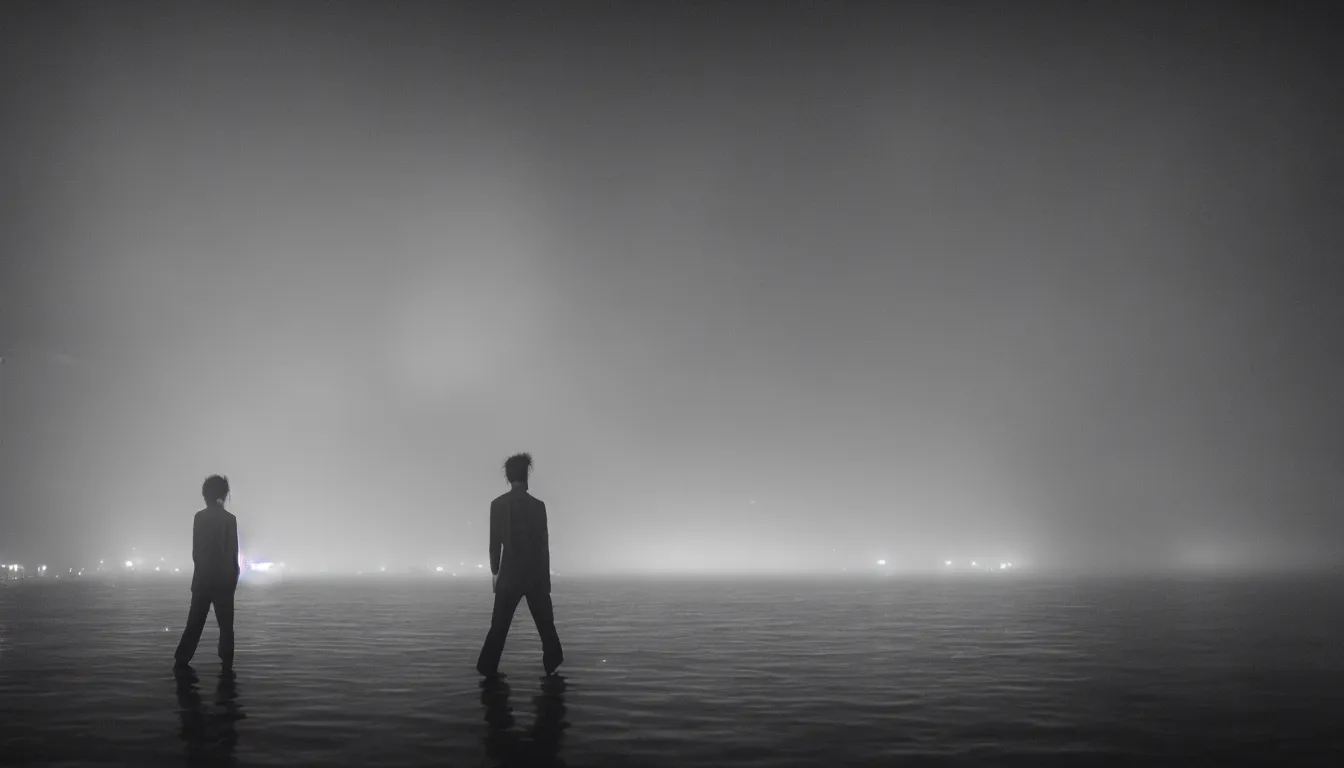 Image similar to 80s asian neon movie still with a lone man levitating over a pier by the river on early morning with city lights behind his back, Fog raising from river, Fallen angels movie still. hyperrealistic, photorealistic, high definition, medium format photography, highly detailed, tehnicolor, anamorphic 50mm lens