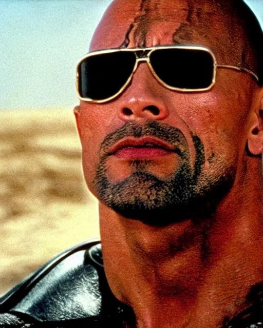 Image similar to film still close up shot of dwayne johnson in the movie mad max 2 the road warrior. photographic, photography