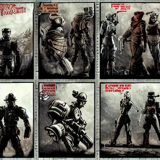 Image similar to fallout 5, concept art drawings of the opening scene, storyboard, concept art, comic style, female protagonist and feline companion, both wearing some kind of body armour, atmospheric lighting, painted, intricate, volumetric lighting, beautiful, gritty, rich deep colours masterpiece, sharp focus, ultra detailed by jack kirby, ignacio fernandez rios, thierry doizon