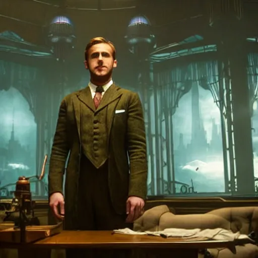 Image similar to a highly detailed cinematic photo from a live - action bioshock movie. andrew ryan, portrayed by ryan gosling, is shown standing in a 1 9 3 0's office with a large desk in front of a floor - to - ceiling window looking out onto the underwater city of rapture shining in the distance, several fish are shown outside of the window