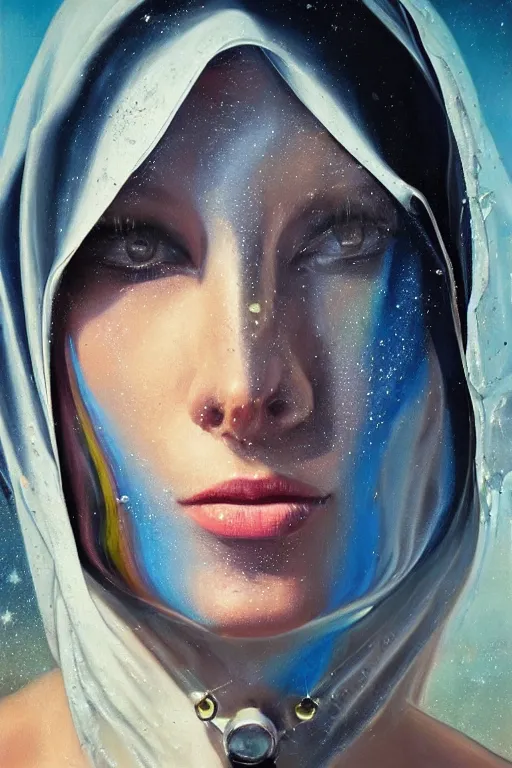 Prompt: hyperrealism oil painting, close-up portrait of beautiful fashion model, dressed in cloak, melted cyborg mixed with nun, ocean pattern mixed with star sky in front, in style of classicism mixed with 70s sci-fi book art