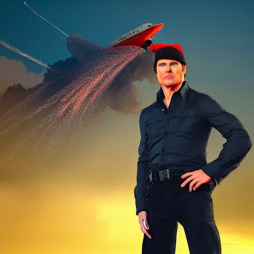 Prompt: tom cruise in costume with a christmas hat. tropical forest and a plane crashing with fires in the background. sunset lighting.