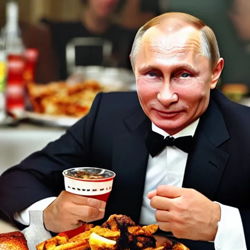 Prompt: Vladimir Putin enjoying dixie chicken after a long party, photo, iphone, camera