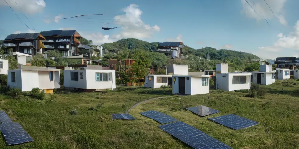 Prompt: hypermodern eco-village connected houses with solarpanels integrated in nature, opposite of urban sprawl, forte gimenes marcondes ferryz arquitetos detailed, octane render, photo realism, 3D, ray tracing, photo realism