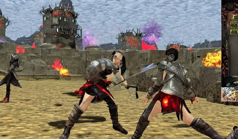 Image similar to Combat in a first-person fantasy RPG, PS3 game, 3DCG, with GUI, designed by Tadanori Yokoo!!!!!