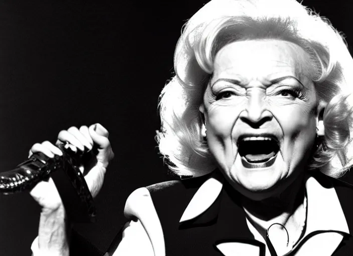 Image similar to publicity photo still of betty white as a gangsta rapper live on stage, 8 k, live concert lighting, mid shot