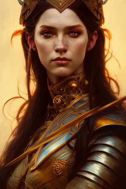 Image similar to portrait of a young beautiful warrior Queen, Warhammer, fantasy, intricate, beautiful eyes, cinematic lighting, highly detailed, digital painting, Artstation, concept art, smooth, sharp focus, illustration, art by Artgerm and Greg Rutkowski and Alphonse Mucha