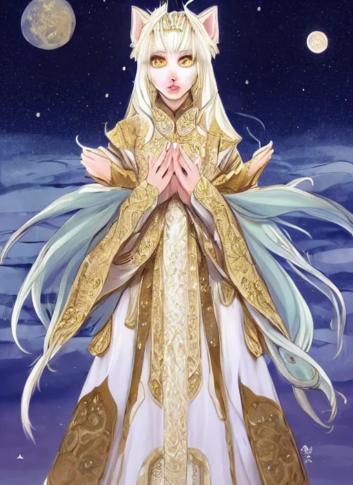 Prompt: commissioned full body portrait of a female anthro wolf princess fursona with white hair wearing a white and gold Chinese armored dress in a white and gold palace on a starry night with a large crescent moon, by a professional manga illustrator, Stanley Artgerm Lau, WLOP, Rossdraws, James Jean, Andrei Riabovitchev, Marc Simonetti, and Sakimichan, trending on artstation