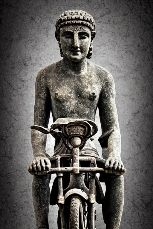 Image similar to photo of the ancient statue of biker on the tricycle, symmetrical, cinematic, real dlsr photography, sharp focus, 4 k, ultra hd, sense of awe, archeology journal cover