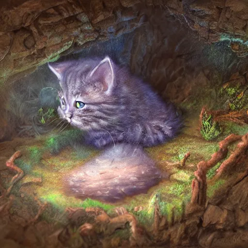 Prompt: rescue from the underworld, highly detailed, by tyler roswell, shadows of the past, chubby moss kitten, digital painting, HDRI, by jeff easley, vivid colors, high contrast, 8k resolution, intricate, photorealistic, smooth