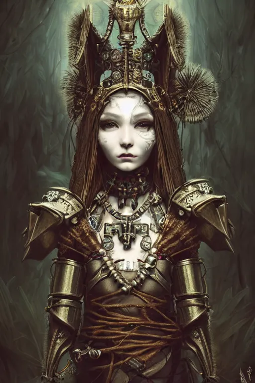 Image similar to A masterpiece ultrarealistic portrait of a Irresistible technopriest tribal-shaman-knight-witch-ghost with Skull Iron mask. baroque renaissance girl in the night forest. medium shot, intricate, elegant, highly detailed. trending on artstation, digital art, by Stanley Artgerm Lau, WLOP, Rossdraws, James Jean, Andrei Riabovitchev, Marc Simonetti, Yoshitaka Amano. background by James Jean and Gustav Klimt, light by Julie Bell, 4k, porcelain skin.