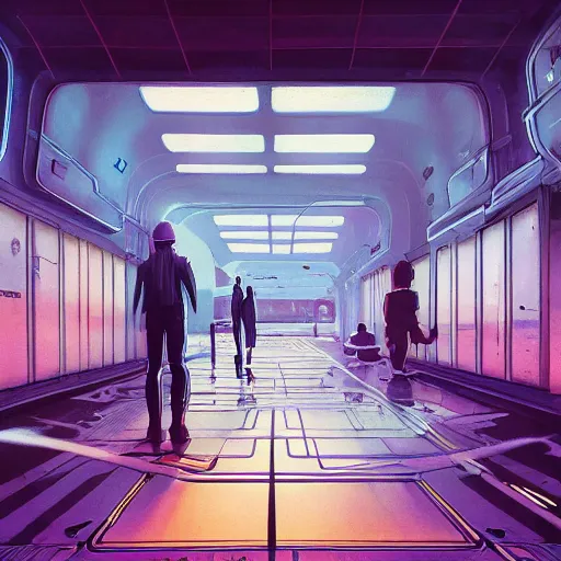 Image similar to space station corridor with big windows looking out into space, nebula, robots, loose wires, messy, inside a crowded space station, 1 9 8 0 s science fiction, 1 9 7 0 s science fiction, alien 1 9 7 9, cyberpunk, 3 d oil painting, depth perception, 4 k, artstation