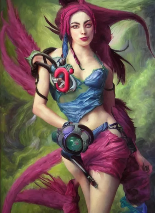 Image similar to oil painting of jinx league of legends in the style of sophie anderson,