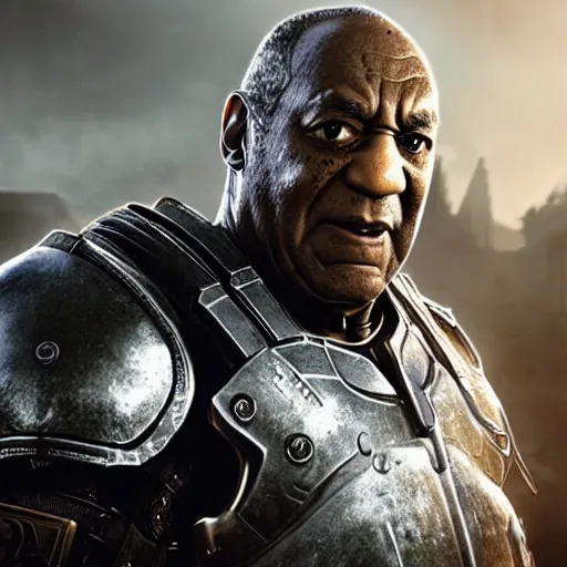 Image similar to Bill Cosby as 'Crusader-Patriot-Knight'!! in Gears of War, splash art, movie still, detailed face, photorealistic facial features, cinematic lighting, dramatic, octane render, long lens, shallow depth of field, bokeh, anamorphic lens flare, 8k, hyper detailed, 35mm film grain