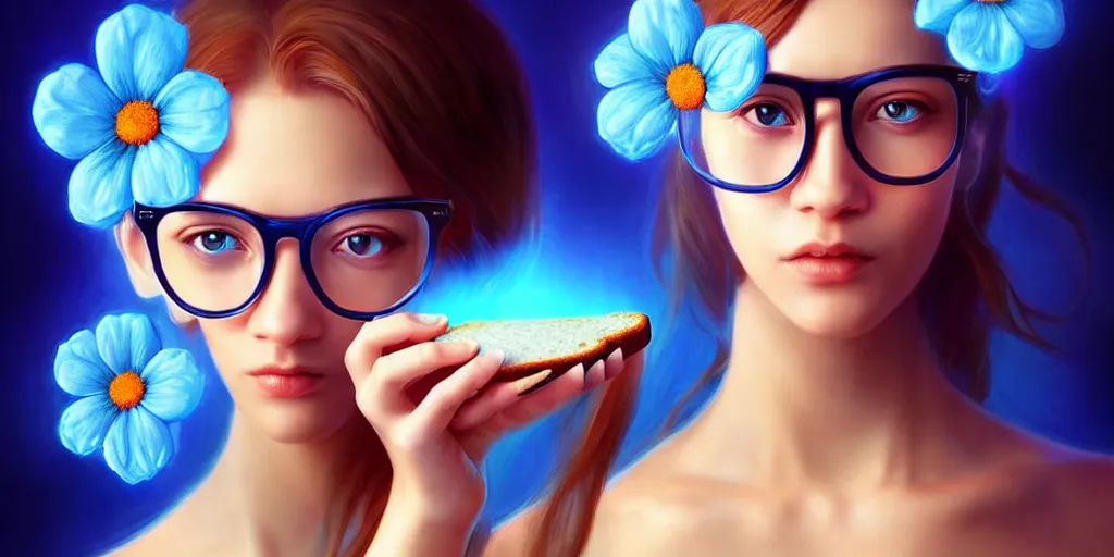 Prompt: epic professional digital art of a bread toast wearing 👓 and a blue flower, best on artstation, cgsociety, wlop, cosmic, epic, stunning, much detail, much wow, masterpiece, backlight