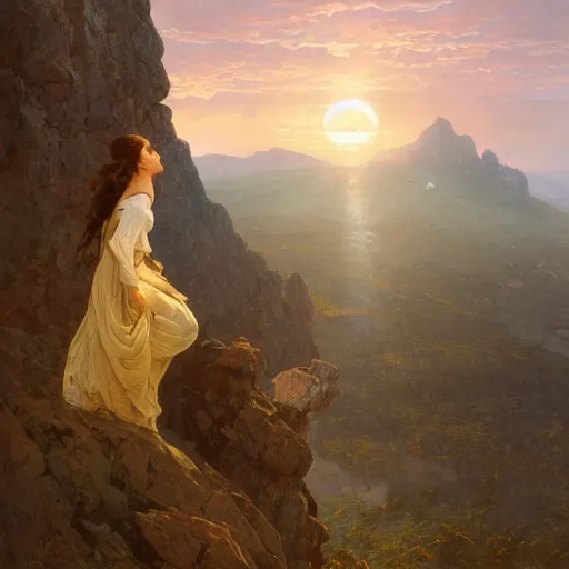 Image similar to an ultradetailed matte landscape painting of mountain sized sculpture of a beautiful and elegant woman, sunrise on the horizon in the background, stone hand raised up, 8 k, art by greg rutkowski and alphonse mucha and andreas rocha and albert bierstadt