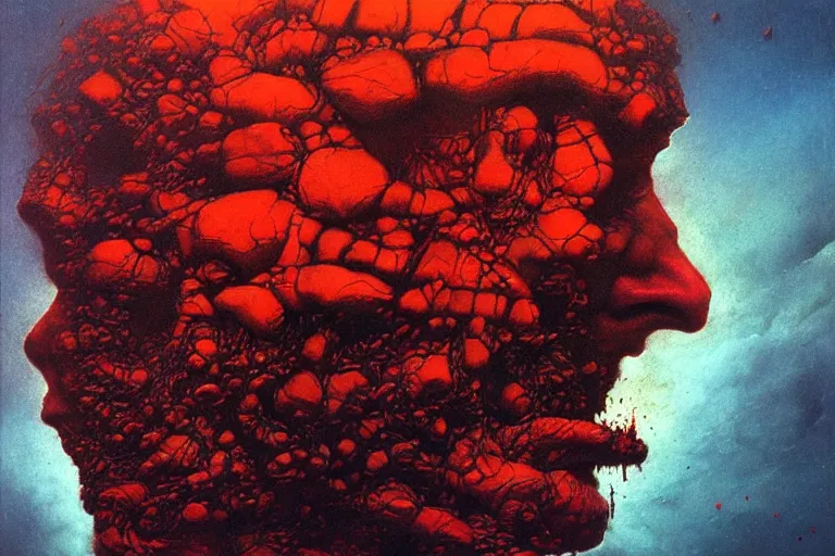 Image similar to head of a man falling apart, in the style of chris foss, in the style of beksinski, intricate and epic composition, red by caravaggio, insanely quality, highly detailed, masterpiece, purple light, artstation, 4 k