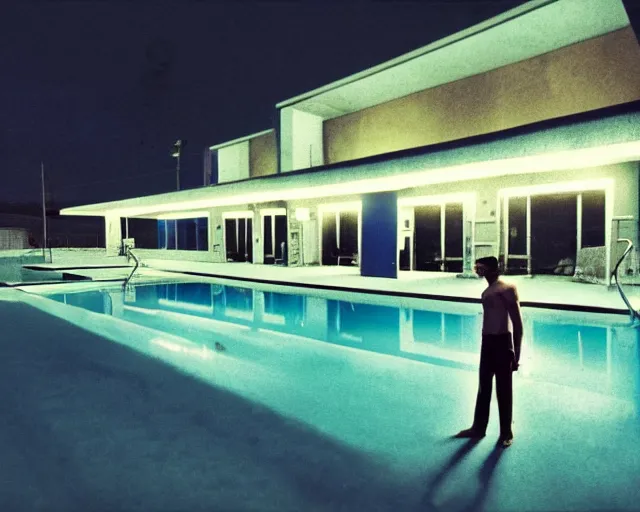 Image similar to photo of a man standing next to a swimming pool outside a motel with a neon sign in the desert at night, cinematic, in the style of edward hopper