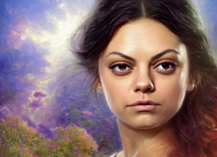 Image similar to Mila Kunis staring into the camera, misty wisps, Lilia Alvarado, Sophie Anderson, Mark Arian, Bob Byerley, Charlie Bowater, Mark Brooks, Steve Henderson, Justin Gerard, Arthur Hughes, Edward Robert Hughes, Mark Keathley, Victor Nizovtsev, Carlos Shwabe, Ross Tran, WLOP