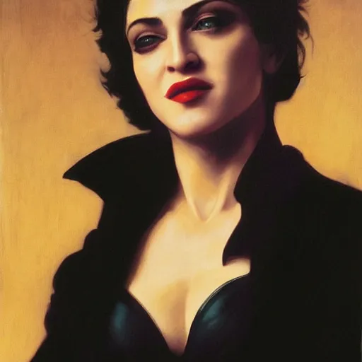 Image similar to Painting of Madonna as Selina Kyle from Batman Returns. Art by william adolphe bouguereau. During golden hour. Extremely detailed. Beautiful. 4K. Award winning.