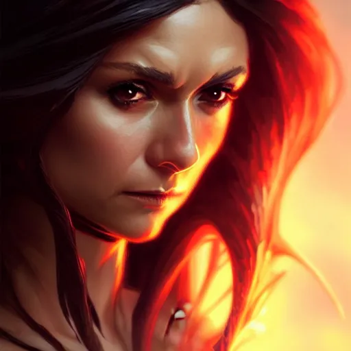 Image similar to Nina Dobrev as a fantasy rogue, closeup character portrait, D&D, fantasy, intricate, elegant, highly detailed, digital painting, artstation, concept art, matte, sharp focus, illustration, art by Artgerm and Greg Rutkowski and Alphonse Mucha