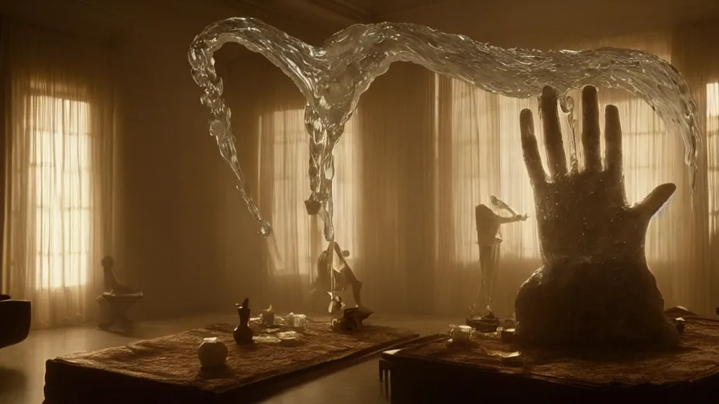 Image similar to a giant hand made of wax and water floats through the living room, film still from the movie directed by Denis Villeneuve with art direction by Salvador Dalí, wide lens