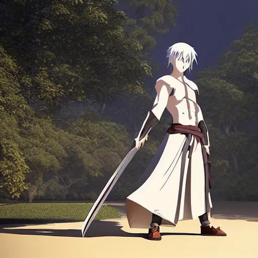 Image similar to “photrealistic 8k render 2d anime character warrior monk, Ufotable, White Fox, Kyoto Animation”