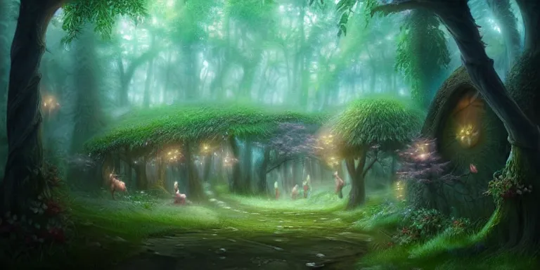 Image similar to Hidden forest community, Fae Faeries, landscape, daytime, fantasy, intricate, elegant, highly detailed, digital painting, artstation, concept art, smooth, sharp focus, illustration, volumetric lighting