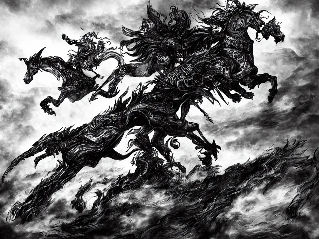 Prompt: black and white detailled illustration of death riding a pale horse over a wasteland in the style of yoshitaka amano / cinematic composition