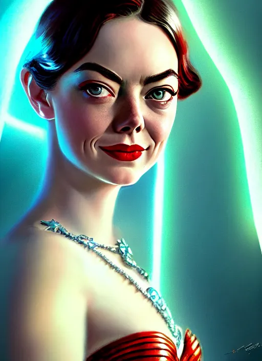 Image similar to portrait of 1 9 5 0 s darna, young emma stone, intricate, elegant, glowing lights, highly detailed, digital painting, artstation, glamor pose, concept art, smooth, sharp focus, illustration, art by wlop, mars ravelo and greg rutkowski