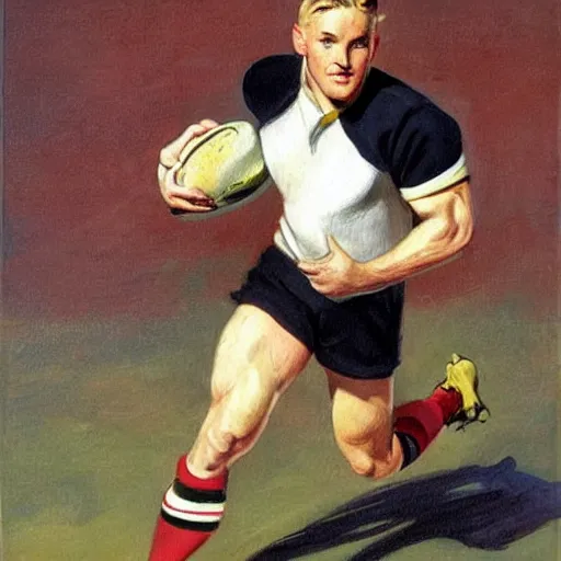 Prompt: handsome blonde rugby player in a running pose, side view, holding the rugby ball in his arm, full color painting by J.C. Leyendecker