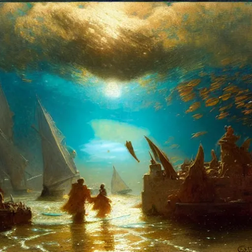 Image similar to point of view of deep in the ocean looking up, you see fishes, higher up you see the milk way, night time. highly detailed painting by gaston bussiere, greg rutkowski 8 k