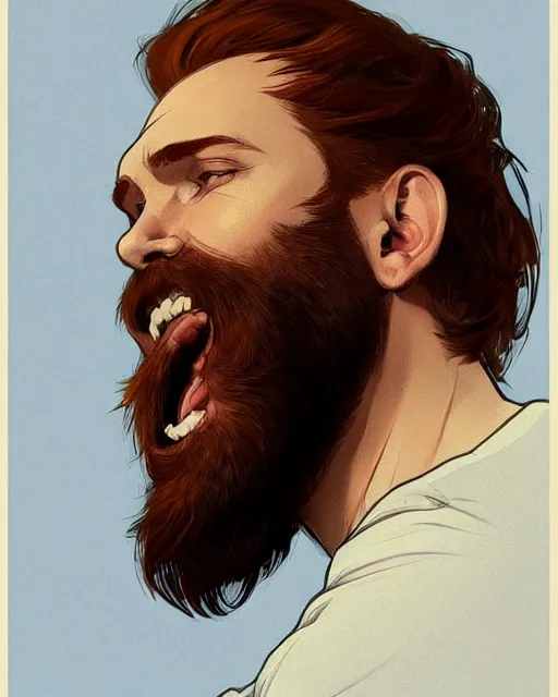 Prompt: low angle of attractive red - headed bearded man wearing a white t - shirt looking out the window expectantly, a smile on his lips, highly detailed, digital painting, artstation, concept art, smooth, sharp focus, illustration, art by artgerm, greg rutkowski, alphonse mucha, j. c. leyendecker